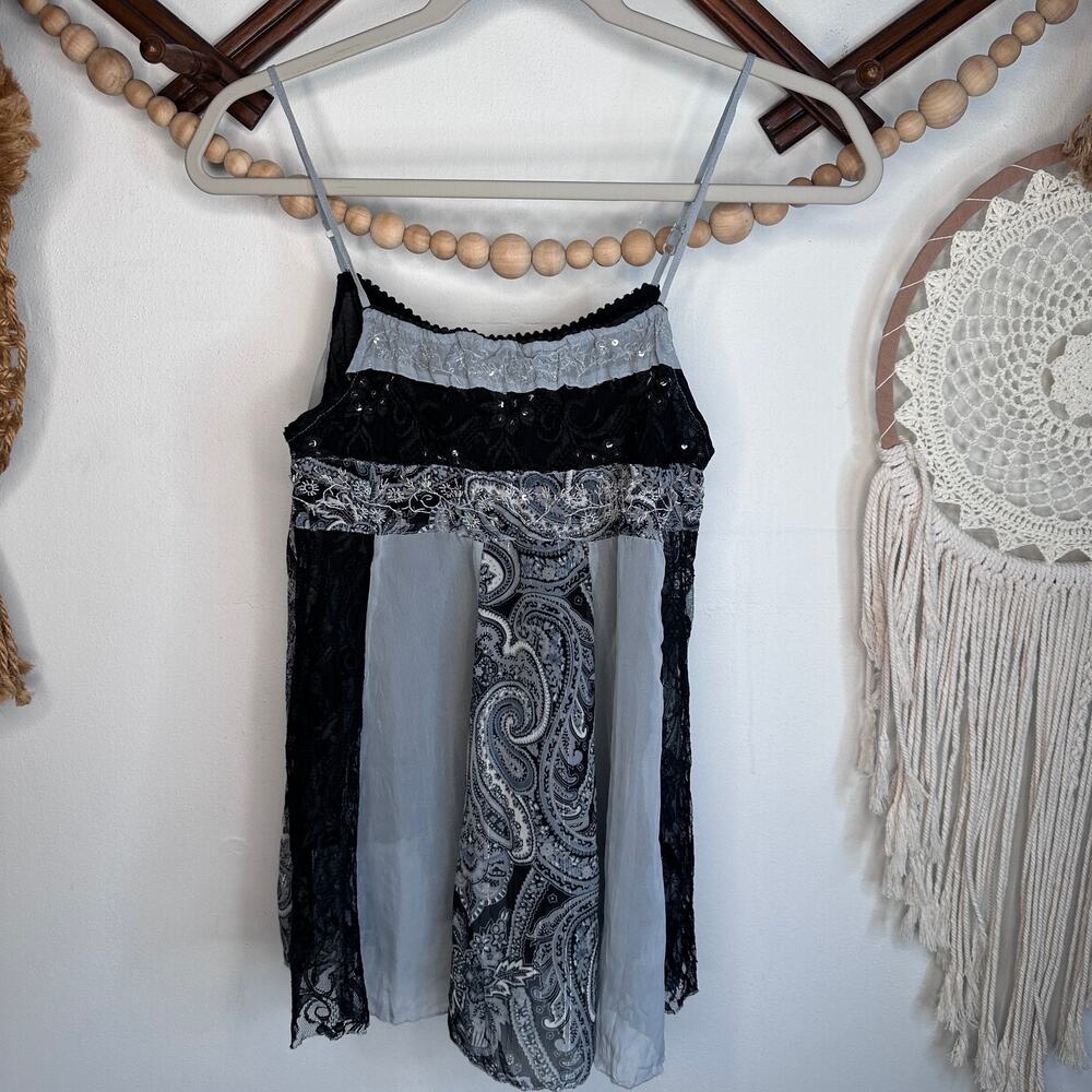 Vintage Y2K At Last Gray Black Lace Detail Babydoll Tank